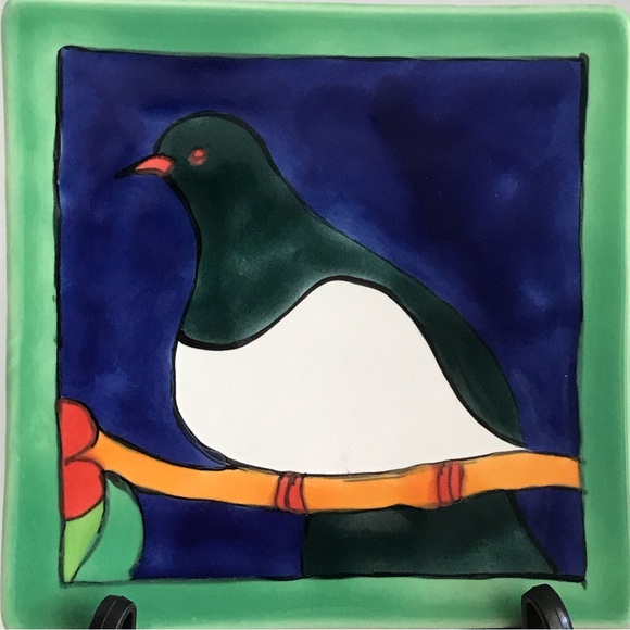 Hand Painted Bird on a Branch 5" Ceramic Square Trinket Dish Signed - Picture 2 of 8